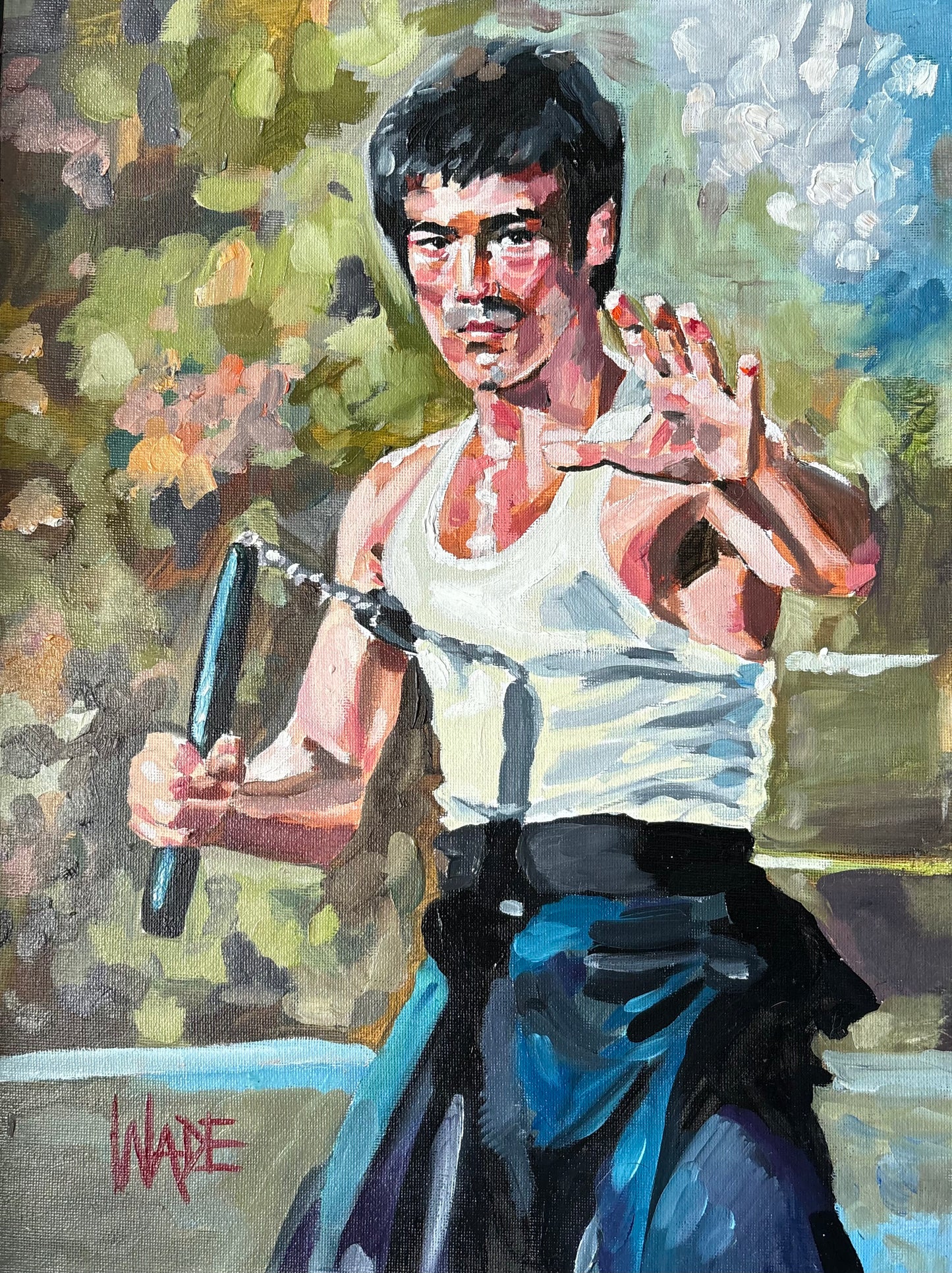 Bruce Lee oil painting on canvas board.